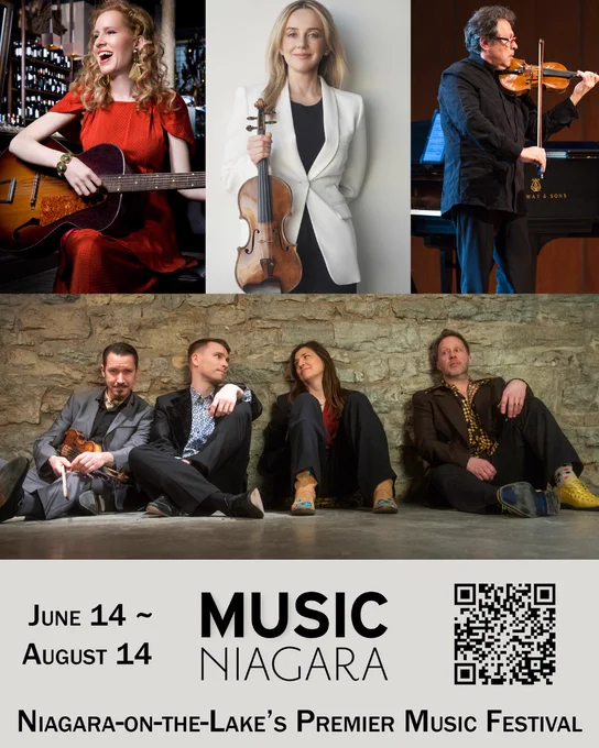 Promotional flyer for this year’s Music Niagara Festival. States the dates, includes images of three artists and one band performing and has a QR code.
