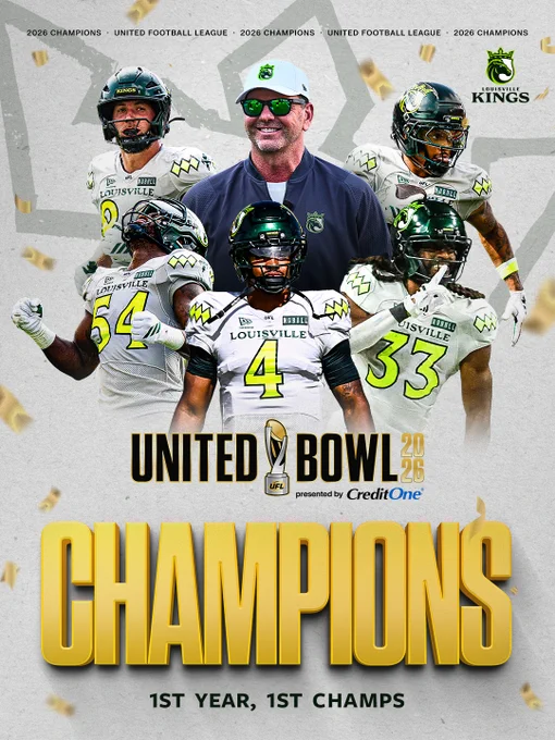 The Louisville Kings celebrate their first championship win in the 2026 United Bowl. The image features players in white and green uniforms with a coach in the center, all filled with pride and accomplishment.
