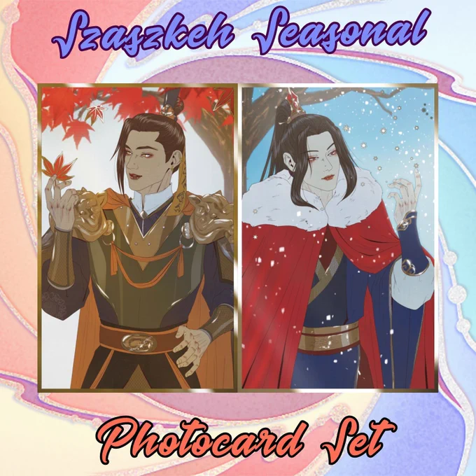 A square image using the Fengqing Merch Box's promo logo with the warm colours on the left and cool ones on the right. The photocards are in the middle, and the text is above and underneath them. The upper text is blue and cursive, the lower is orange and cursive and they spell out Szaszkeh Seasonal Photocard Set