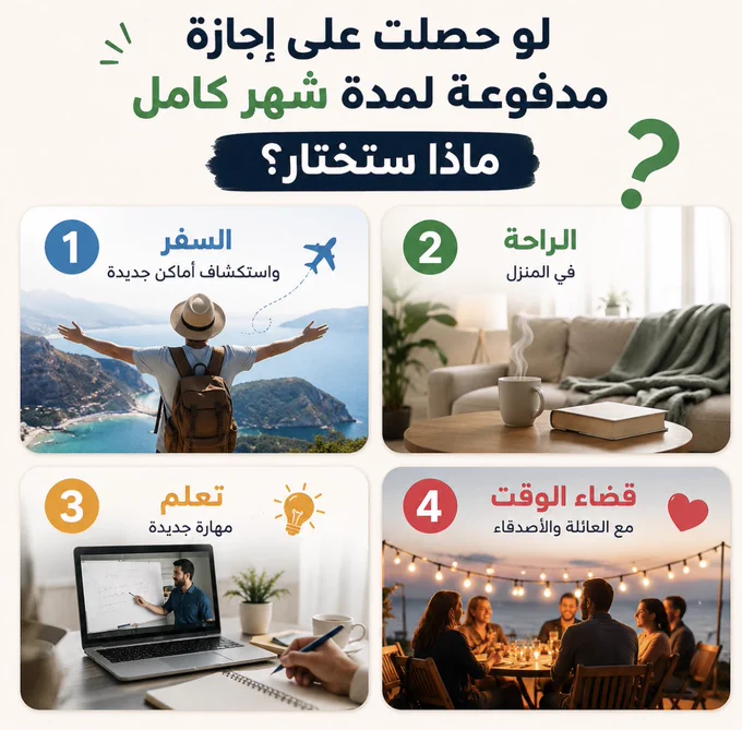 لـو أعطوك إجازة مدفوعة لمدة شهر كامل ،
ماذا ستختار ؟