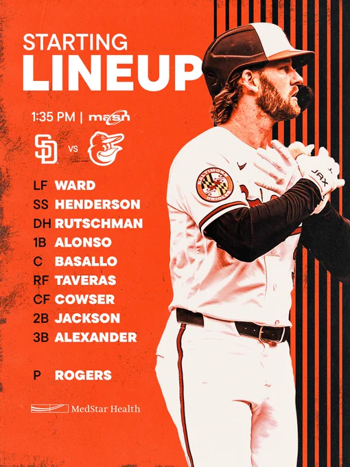 Padres at Orioles | O’s Starting Lineup | 1:35 p.m. | MASN

LF - Ward
SS - Henderson
DH - Rutschman
1B - Alonso
C - Basallo
RF - Taveras
CF - Cowser
2B - Jackson
3B - Alexander
P - Rogers

The graphic features an image of Ward celebrating a hit. He is wearing a white Orioles uniform and a batting helmet.