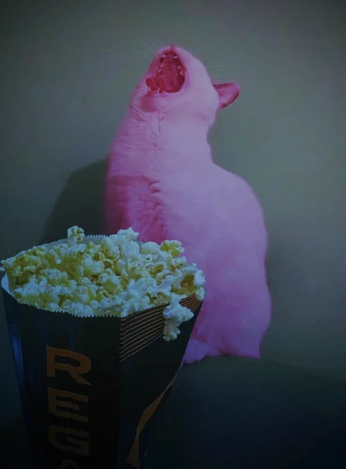 Pink cat with their mouth open facing the ceiling and a bag of popcorn