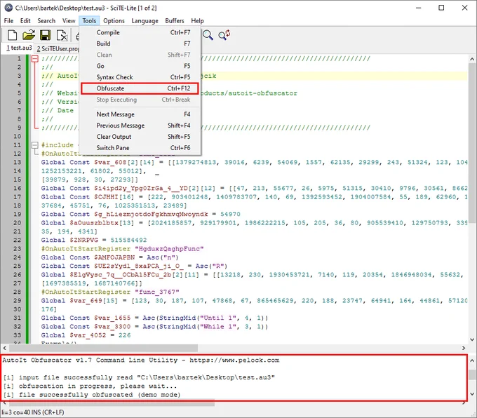 AutoIt Obfuscator integration with default AutoIt editor - SciTE