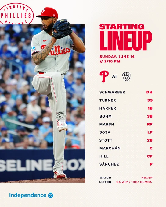 Phillies lineup, June 14 at Milwaukee. 2:10pm EDT game time on NBCSP/94WIP.

Schwarber DH
Turner SS
Harper 1B
Bohm 3B
Marsh RF
Sosa LF
Stott 2B
Marchán C
Hill CF
 
Sánchez LHP