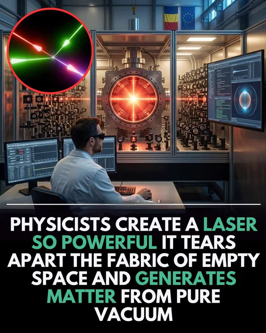 Scientists at the Extreme Light Infrastructure – Nuclear Physics have done something remarkable.

They used two extremely powerful laser beams (10 petawatts each) and focused them into a tiny spot. This created an intensity so high that it affected empty space itself.

At this level, they reached what’s called the Schwinger limit—a point where empty space becomes unstable.

For a tiny moment, energy from the light turned into real particles (an electron and a positron). In simple terms, light created matter.

This shows that “empty” space isn’t truly empty—it has hidden energy.

In the future, this technology could help build much smaller particle accelerators and improve medical imaging and physics research.