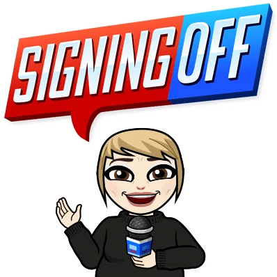 A smiling blonde Bitmoji-style character in a black sweater holds a microphone, with one hand raised. Above her, a red and blue speech bubble reads, \"SIGNING OFF.\"