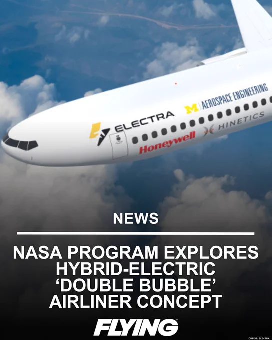An image showcasing NASA's exploration of a hybrid-electric 'double bubble' airliner concept, featuring a plane from Electra Aerospace Engineering. The scene conveys innovation and futuristic aviation technology.