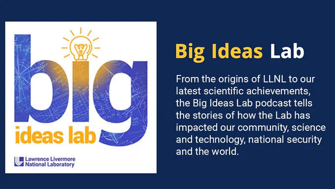 Lawrence Livermore National Laboratory's "Big Ideas Lab" logo and description. The logo features the words "big ideas lab" with a light bulb above the letter "i." The description reads: "From the origins of LLNL to our latest scientific achievements, the Big Ideas Lab podcast tells the stories of how the Lab has impacted our community, science and technology, national security and the world."