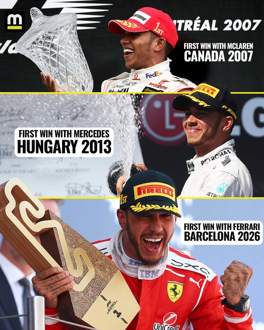 Lewis Hamilton's first win with McLaren was in Canada in 2007. His first win with Mercedes was with Hungary in 2013. His first win with Ferrari was in Barcelona in 2026.