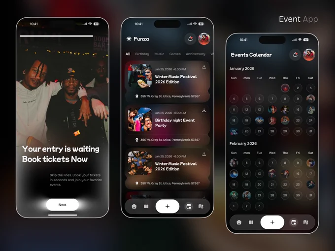 Dark themed event discovery mobile app featuring event listings, ticket booking, personalized recommendations, and an interactive event calendar for managing upcoming activities and experiences.
