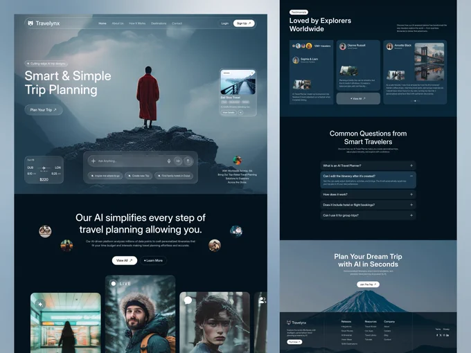 AI powered travel planning platform featuring destination discovery, itinerary generation, traveler testimonials, FAQ section, and personalized recommendations in a modern dark blue interface designed for seamless trip planning.