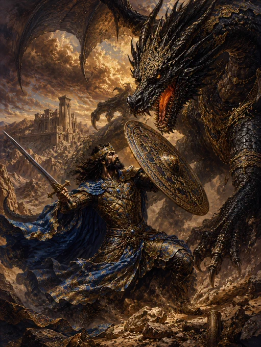 Epic fantasy art of crowned warrior king in ornate gold and blue armor holding sword and shield, facing massive black dragon with gold chains and fiery breath, ancient mountain ruins in background, dramatic cinematic lighting