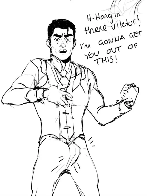 Jayce, assuming viktor isn't happy where he is, announcing "h-hang in there viktor! I'm gonna get you out of this!" He's visibly hard in his pants. 