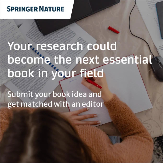 Overhead view of a person writing in a red notebook with a red pen on a desk, surrounded by papers, laptop, and mouse. Text: \"SPRINGER NATURE. Your research could become the next essential book in your field. Submit your book idea & get matched with an editor.\"