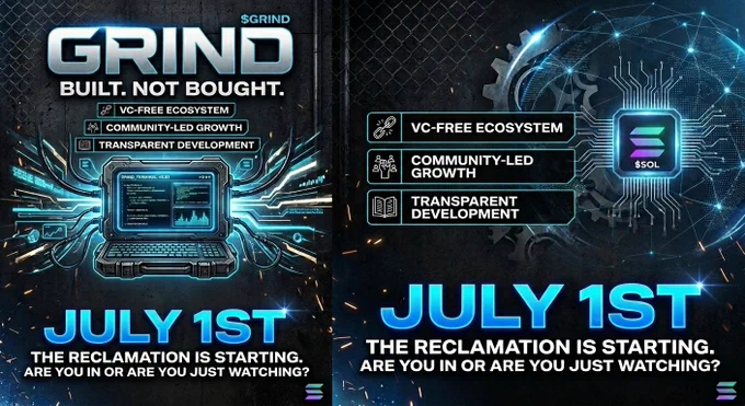 Promotional graphic for $GRIND, a community-led, VC-free Solana project launching July 1st. The design features a futuristic terminal and tech aesthetic with the slogan 'Built, Not Bought', highlighting transparent development and community growth.