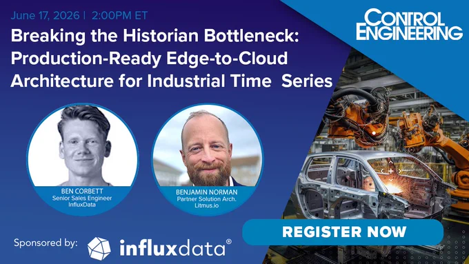 The image is a promotional banner for a Control Engineering event titled "Breaking the Historian Bottleneck: Production-Ready Edge-to-Cloud Architecture for Industrial Time Series," scheduled for June 17, 2026, at 2:00 PM ET. Two speakers are featured: Ben Corbett, a Senior Sales Engineer at InfluxData, and Benjamin Norman, a Partner Solution Architect at Litmus.io. The event is sponsored by InfluxData. An industrial robot working on a car is shown on the right. A "Register Now" button is included.
