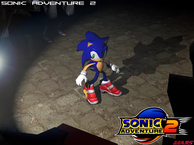 Sonic the Hedgehog being confronted by GUN robots. The shadow cast from him is in the form of Shadow the Hedgehog.
