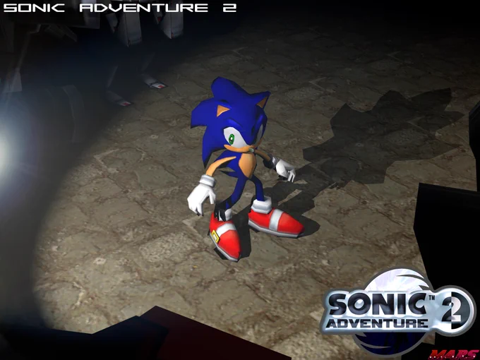 Sonic the Hedgehog being confronted by GUN robots. The shadow cast from him is in the form of Shadow the Hedgehog. The logo is the prototype version and Sonic wears his classic shoes.