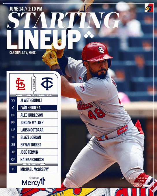 St. Lous Cardinals Lineup for June 14th
JJ Wetherholt SS
Iván Herrera C
Alec Burleson DH
Jordan Walker RF
Lars Nootbaar LF
Blaze Jordan 1B
Bryan Torres 2B
José Fermín 3B
Nathan Church CF
Michael McGreevy P