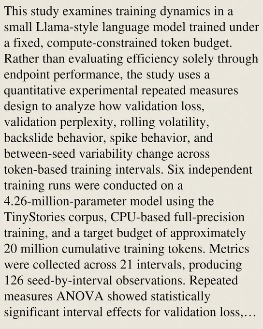 This study examines training dynamics in a small Llama-style language model trained under a fixed, compute-constrained token budget. Rather than evaluating efficiency solely through endpoint performance, the study uses a quantitative experimental repeated measures design to analyze how validation loss, validation perplexity, rolling volatility, backslide behavior, spike behavior, and between-seed variability change across token-based training intervals. Six independent training runs were conducted on a 4.26-million-parameter model using the TinyStories corpus, CPU-based full-precision training, and a target budget of approximately 20 million cumulative training tokens. Metrics were collected across 21 intervals, producing 126 seed-by-interval observations. Repeated measures ANOVA showed statistically significant interval effects for validation loss, validation perplexity, and rolling volatility. Descriptive trajectories revealed rapid early improvement followed by non-monotonic degrada