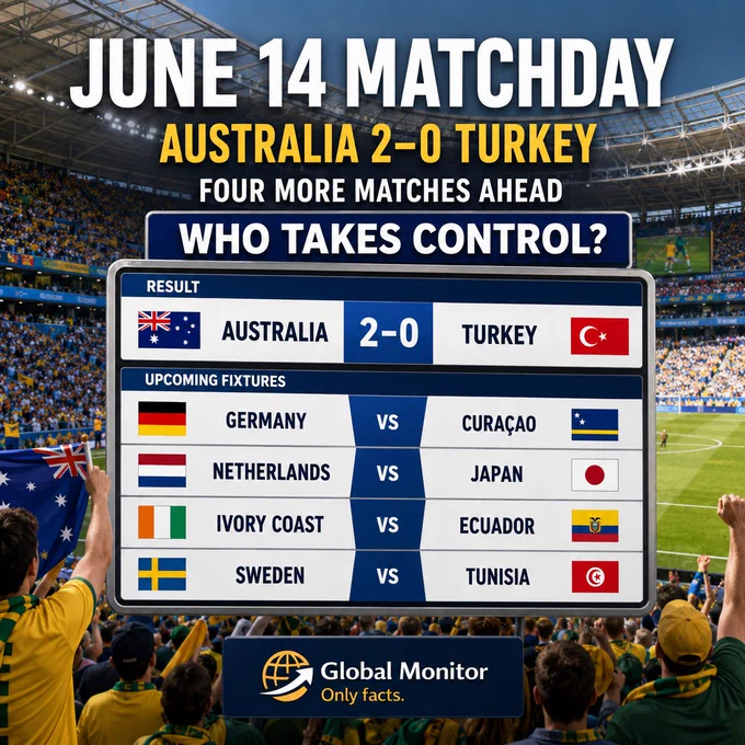 A bright World Cup matchday graphic showing the June 14 schedule and Australia’s 2–0 result over Turkey.