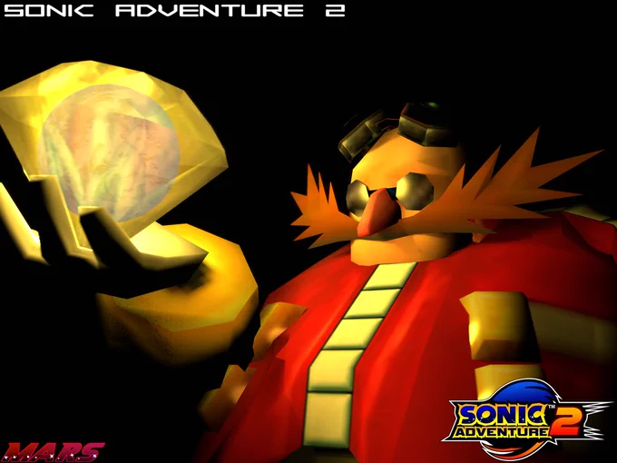 Dr. Eggman in a dark room. He is being illuminated by the Chaos Emerald. The Earth is positioned inside the Emerald.