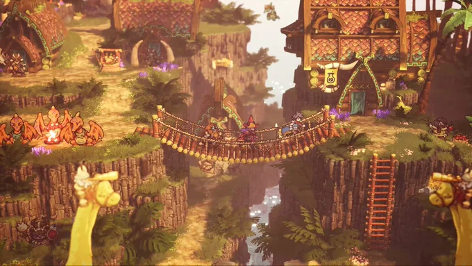 Threads of Time screenshot of the party walking across a wooden suspension bridge in a prehistoric village as brachiosaurs and their riders roam about.