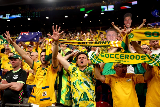 Australia fans cheer for their team during their FIFA World Cup 2026 match against Türkiye.