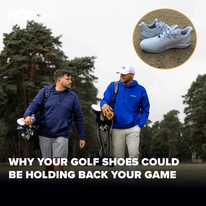 Two golfers walking on a course, discussing how golf shoes might impact their game. A close-up inset shows a pair of golf shoes.