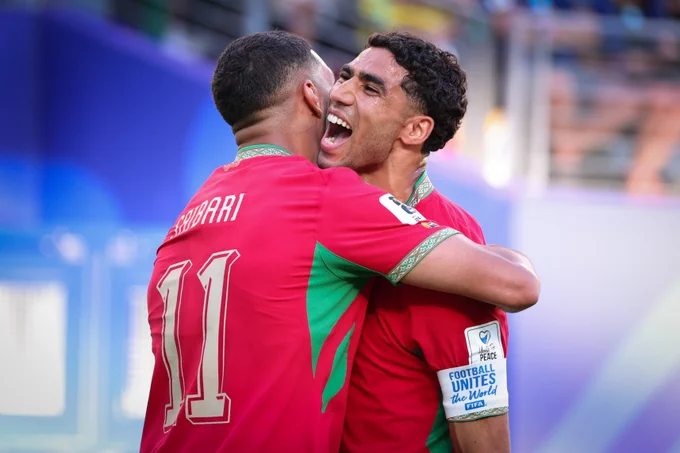 Ismael Saibari and Achraf Hakimi of Morocco celebrate scoring their first goal against Brazil at FIFA World Cup 2026.