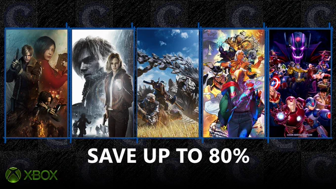 5 key visuals for Capcom games are displayed. In order from left to right: Resident Evil 4 Remake, Resident Evil Requiem, Monster Hunter Wilds, Street Fighter 6, and Marvel vs. Capcom 3. Below the key visuals is large white text that says "Save up to 80%". In the lower left corner is the new updated XBOX logo. The background of the image is a grey and black checkered design using C in the Capcom logo.