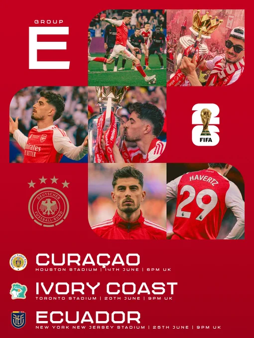Graphic with images of Kai Havertz ahead of Germany's Group E matches with the following text:
versus Curacao at Houston Stadium on 14 June at 6pm UK
versus Ivory Coast at Toronto Stadium on 20 of the June at 9pm UK
versus Ecuador at New York New Jersey Stadium on 25th June at 9pm UK