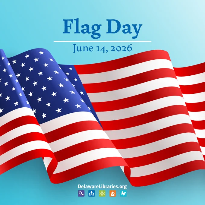 Waving American flag with stars and stripes under text announcing Flag Day on June 14, 2026.