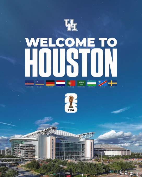 Aerial view of a large stadium in Houston under a clear blue sky. Text reads "Welcome to Houston" with a logo resembling a university emblem at the top. Flags of various countries, including Costa Rica, Germany, and Sweden, are displayed, along with a FIFA World Cup trophy logo.