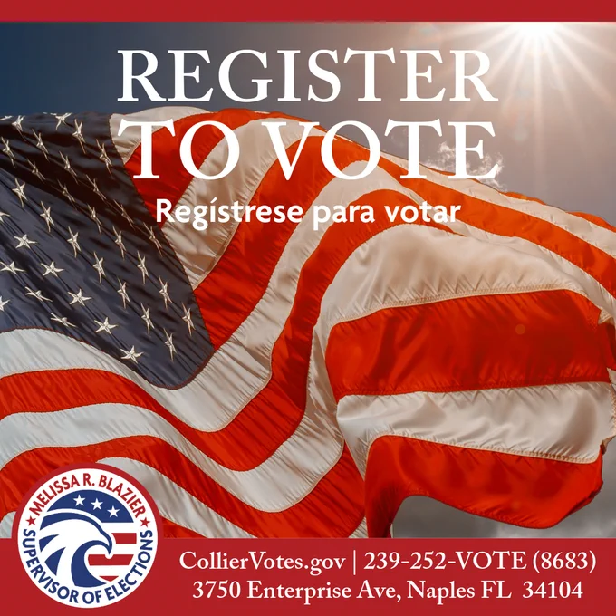 American flag waving with bold text urging citizens to register to vote, including bilingual message and election office contact details.