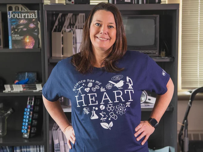 Kelly Praskovich wearing a Science has my Heart shirt. 