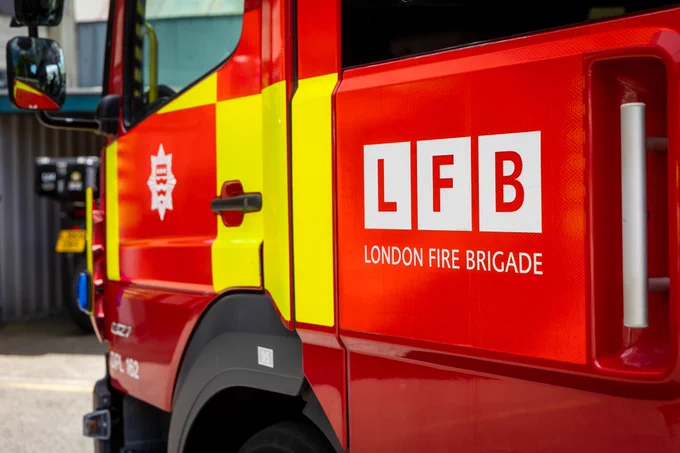 Side of a fire engine door with the London Fire Brigade logo