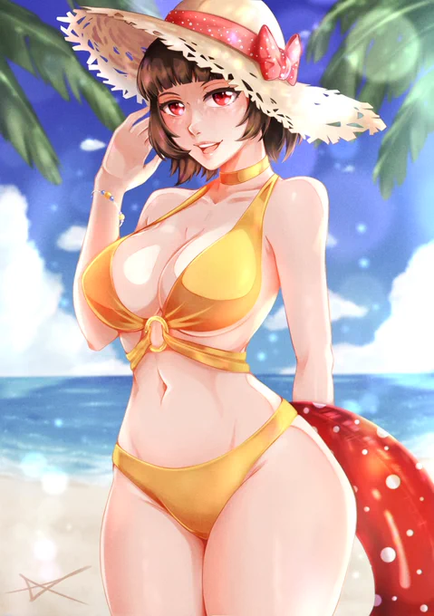 A fanart of Makoto Niijima from Persona 5 on a summer beach, inspired by the summer trip in Persona 5, and wearing an orange colour bikini, a straw hat and a red swim ring.