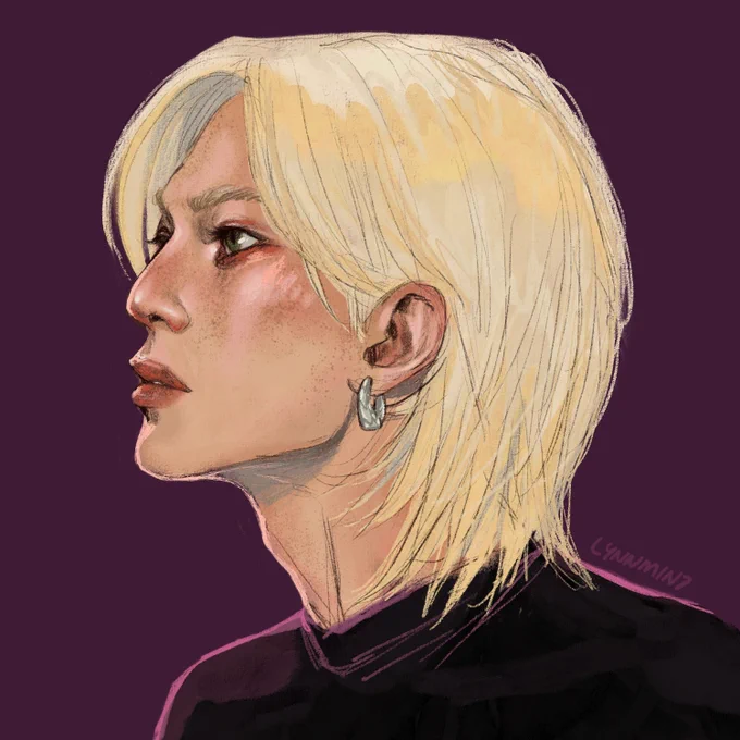 side profile digital painting portrait of kang yeosang in deep eggplant mock neck shirt, purple background, long blonde hair