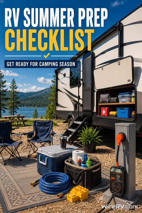 Organized RV campsite with summer travel gear, cooler, hose, and camping equipment ready for the season.