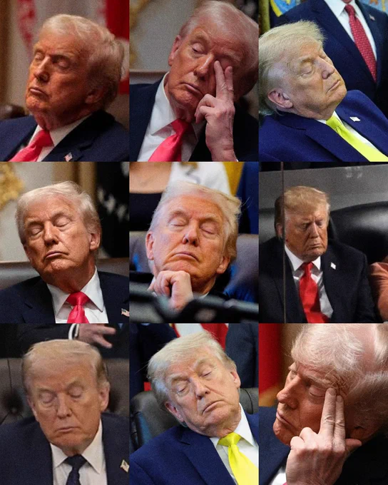 A graphic featuring nine different images of Donald Trump sleeping.
