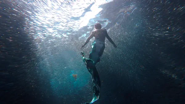 A still from the film A Drop In The Ocean. A pale humanoid figure with a long, shimmering tail moves up through deep water towards the brightness of the surface.