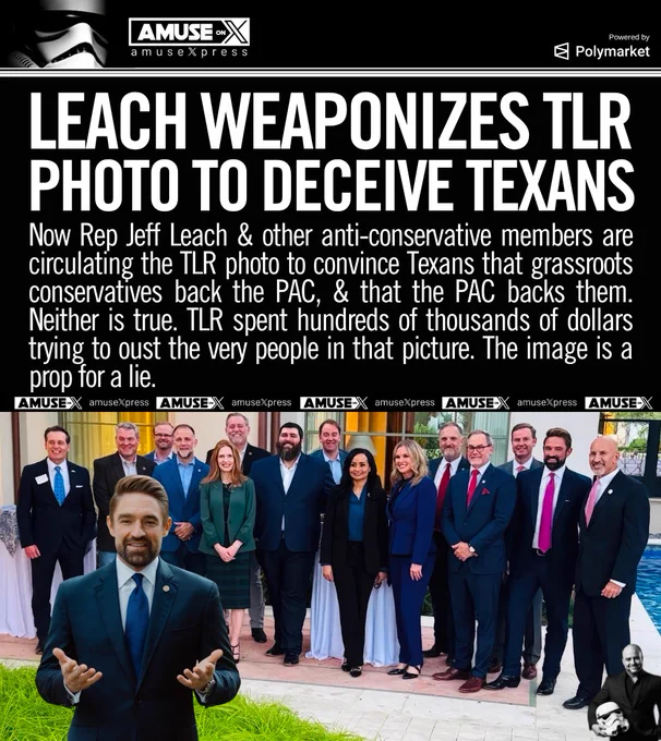 Now Rep Jeff Leach & other anti-conservative members are circulating the TLR photo to convince Texans that grassroots conservatives back the PAC, & that the PAC backs them. Neither is true. TLR spent hundreds of thousands of dollars trying to oust the very people in that picture. The image is a prop for a lie.