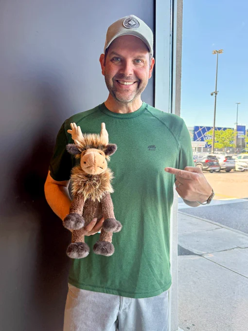Canuckle co-creator Mark at Indigo with Birchly Moose