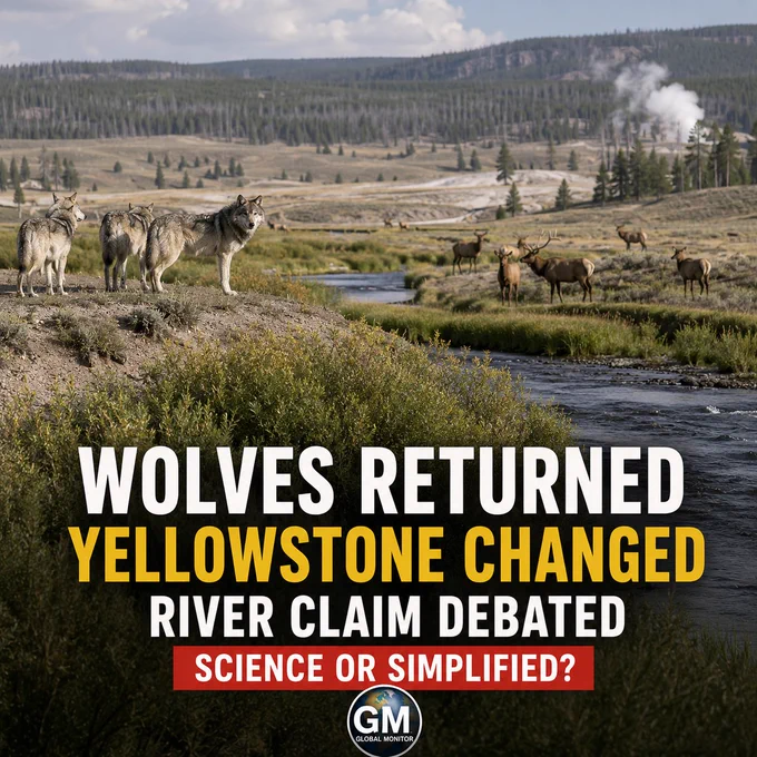 A realistic Yellowstone landscape with wolves in the distance, elk near a river valley, and restored vegetation along a streambank.