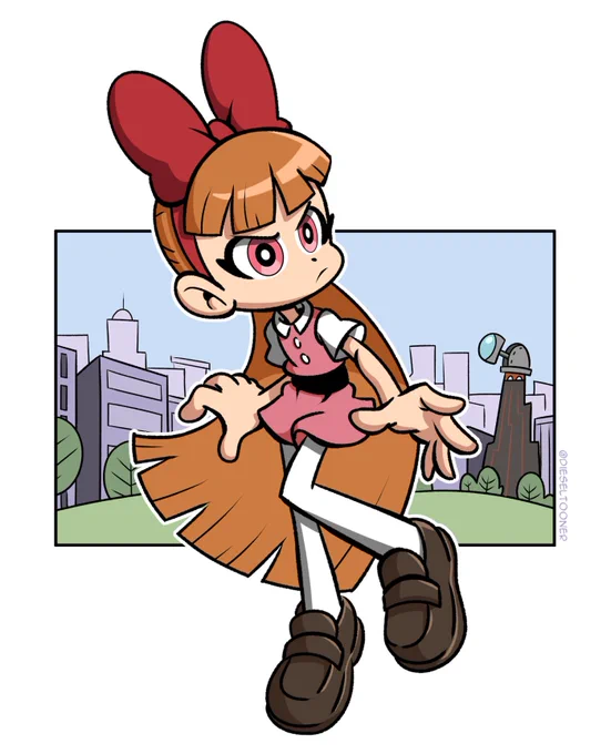 My take on Blossom from the Powerpuff Girls. She is flying, cautiously assessing the situation. Behind her is Townsville Park with Mojo's lair visible on the right.