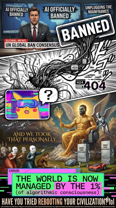 multi-panel meme showing AI banned, then data cables attacking, a shocked glitched Pikachu, and GigaChad as a golden AI god subjugating humans.