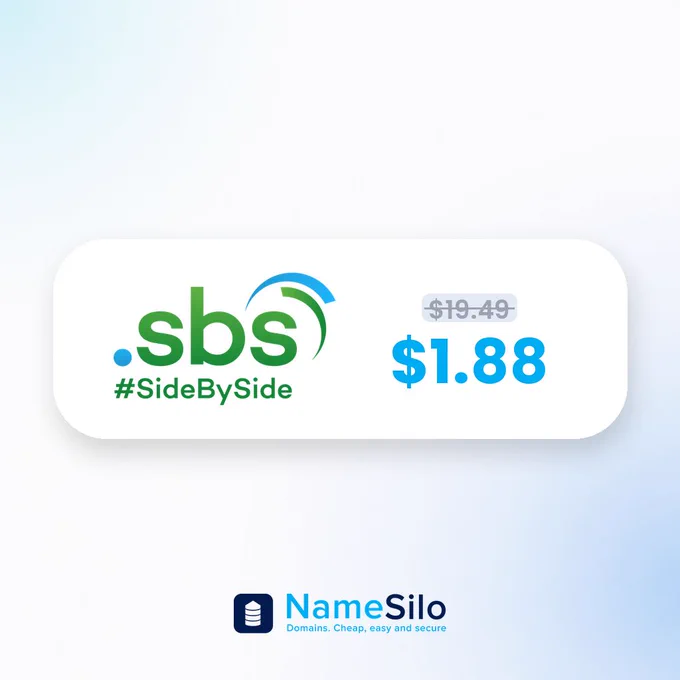 NameSilo .SBS price card, $1.88 first year, was $19.49