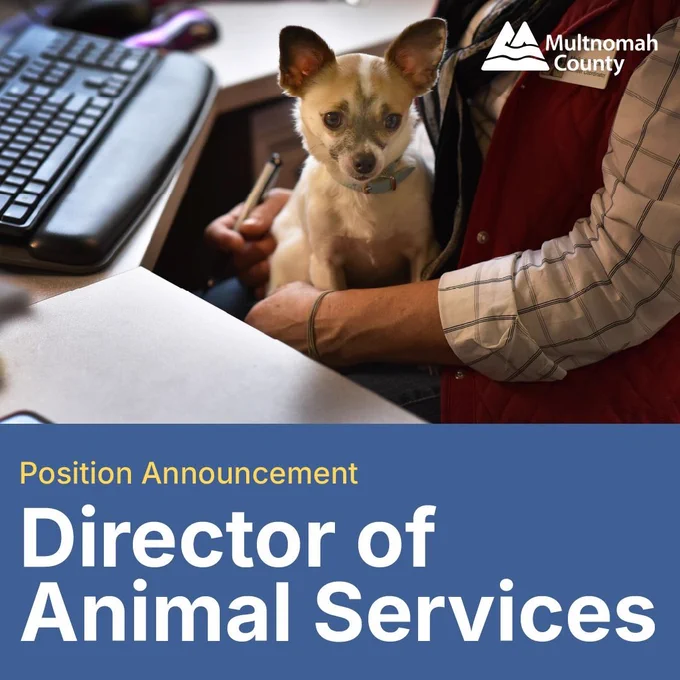 Position Announcement: Director of Animal Services - Multnomah County. Includes graphic of a dog in a person's lap, sitting at a desk with a keyboard.