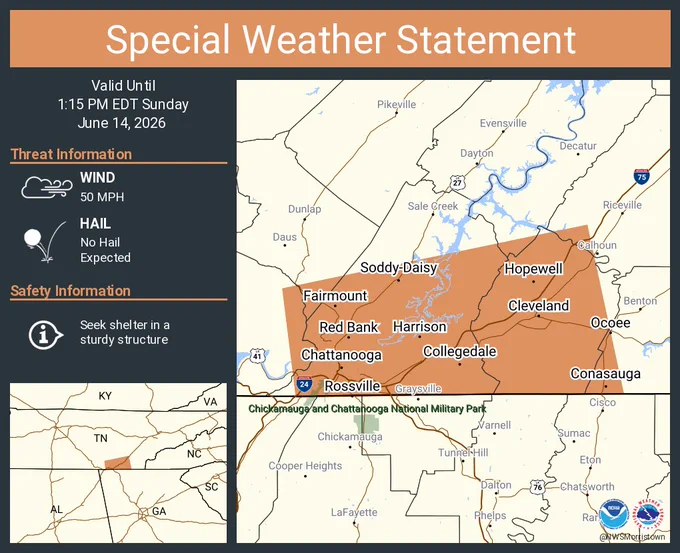 This graphic displays a special weather statement plotted on a map. The statement is in effect until 1:15 PM EDT.  The statement includes Chattanooga TN, Cleveland TN and  East Ridge TN.  The threats associated with this storm are wind gusts up to 50 MPH and no hail is expected. Seek shelter in a sturdy structure until the storm passes.